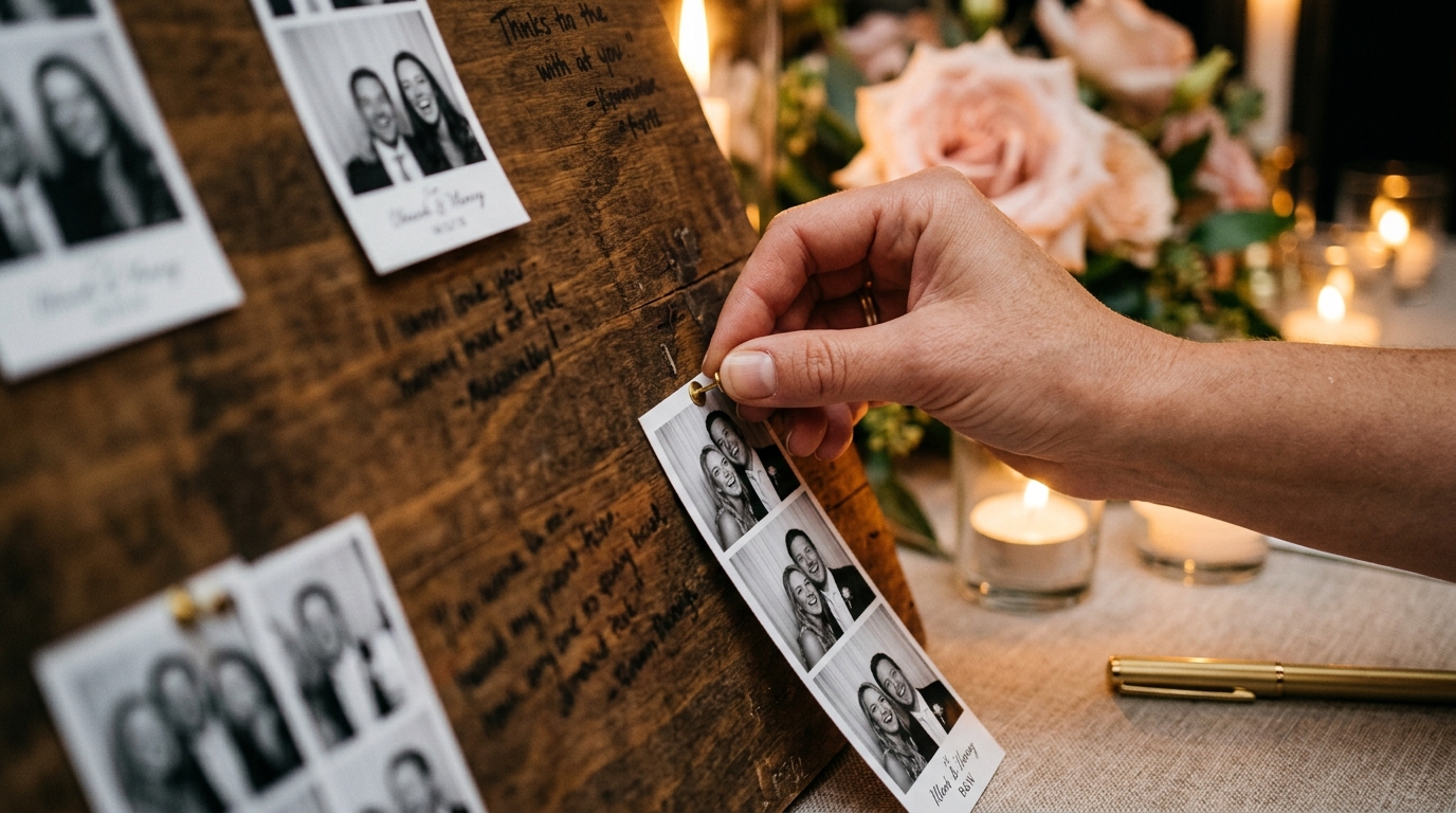 Photo strips pinned to a wedding guest board