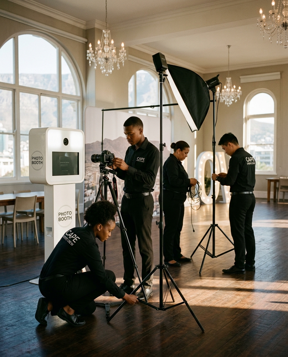 The Elite Photo Booth crew setting up in an empty venue