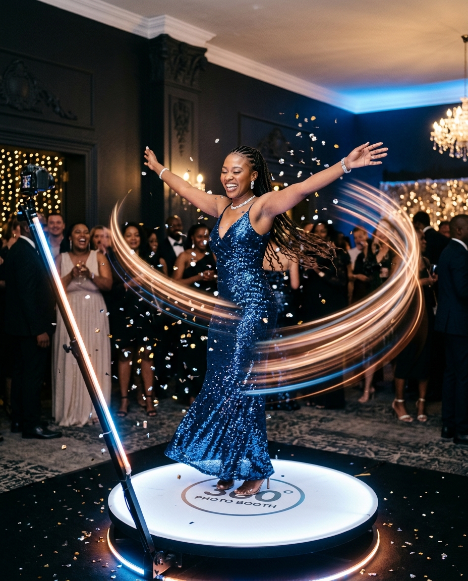 Guests spinning on the 360 photobooth platform at an evening event