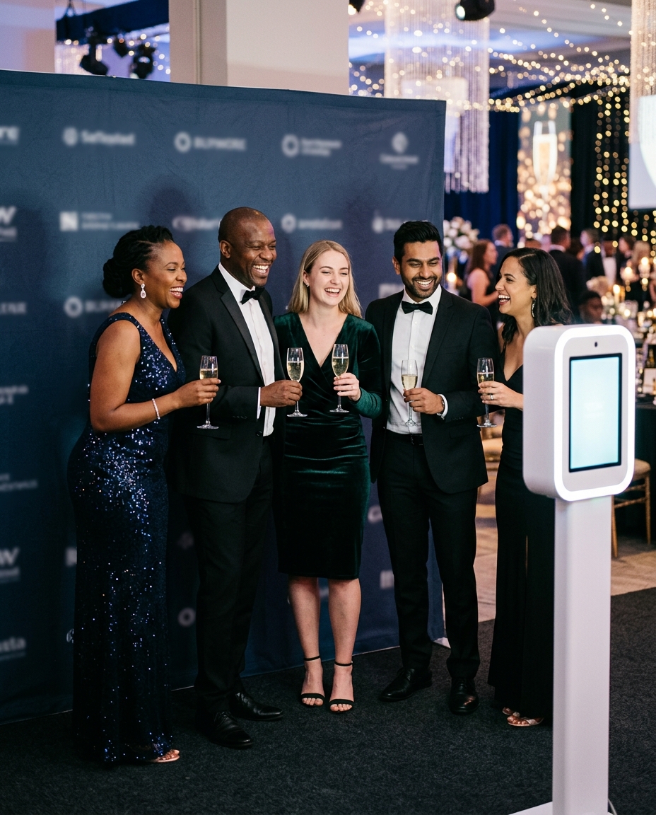 Colleagues at a corporate gala photo booth