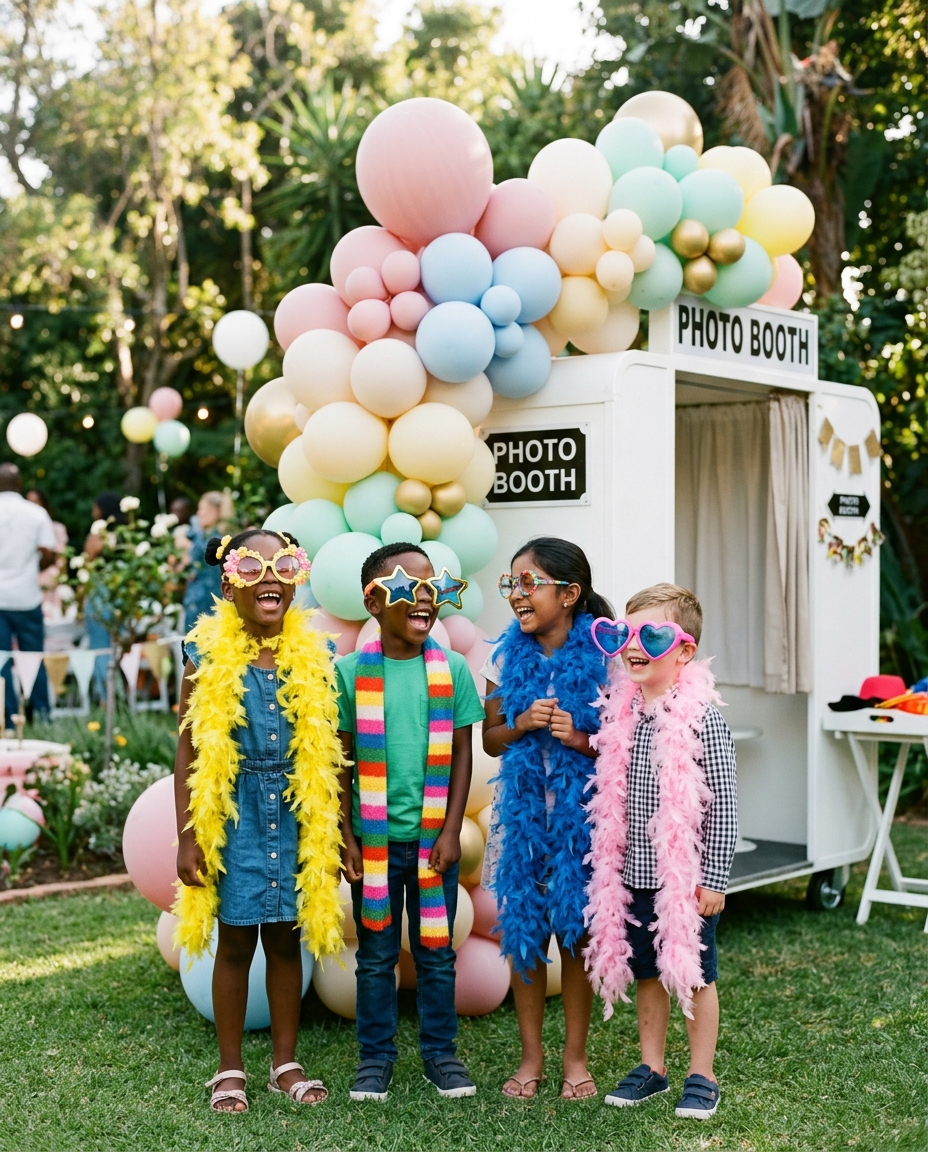Children with props at a birthday photo booth