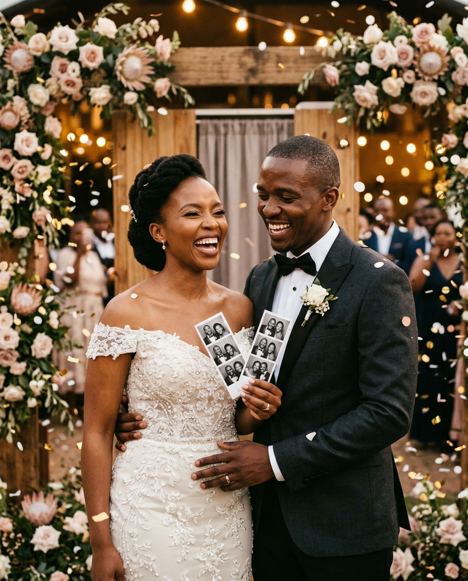 A bride and groom holding a photo booth strip