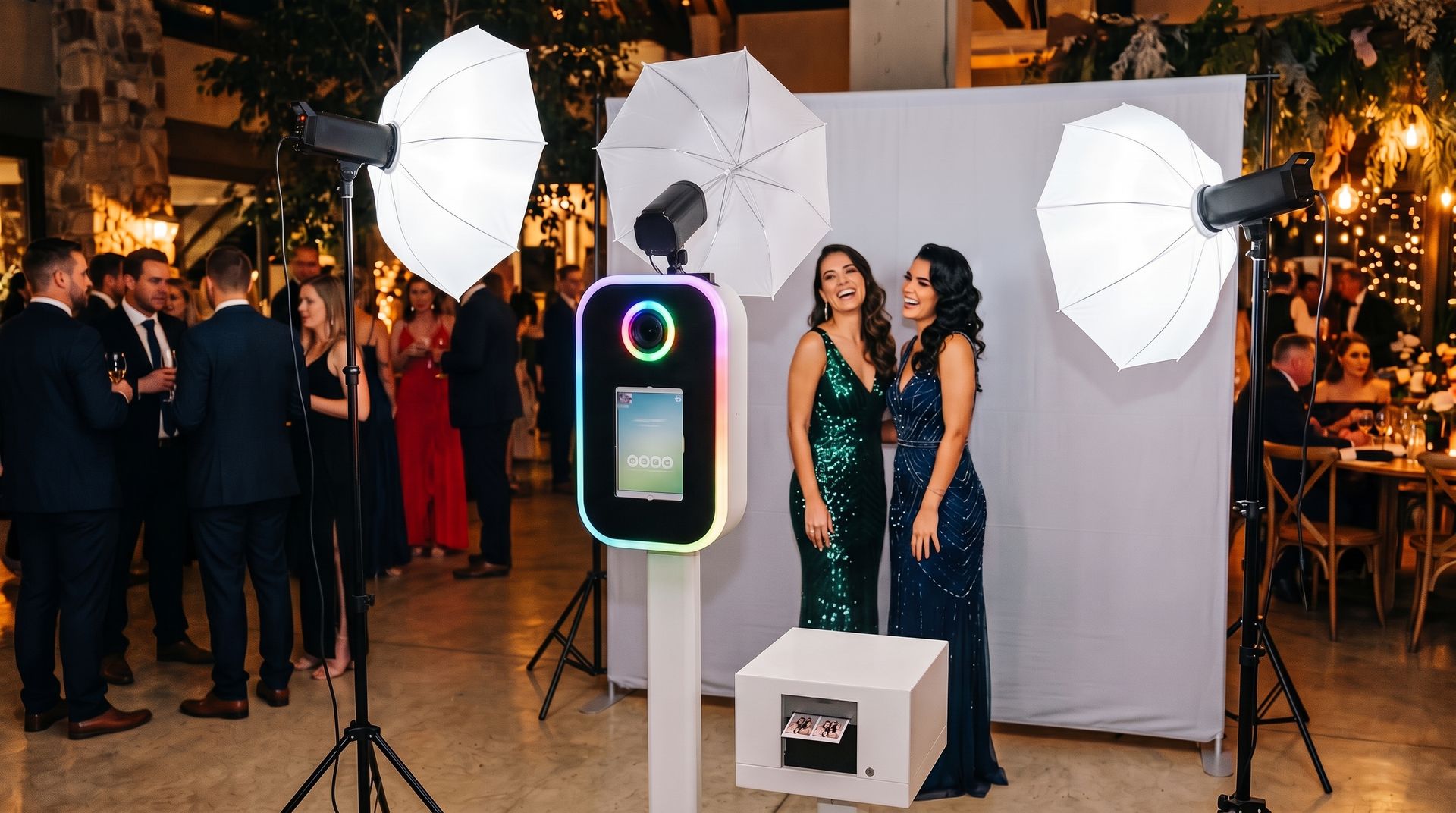 Two guests in sequinned evening gowns laughing beside the Elite Photo Booth glam booth, a white booth with a rainbow LED ring, lit by two umbrella lights in front of a grey studio backdrop