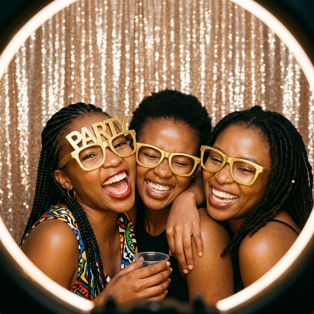 Three friends laughing in gold party glasses