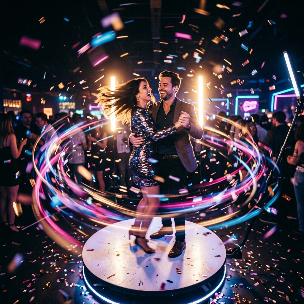 A couple mid-spin on the 360 booth platform