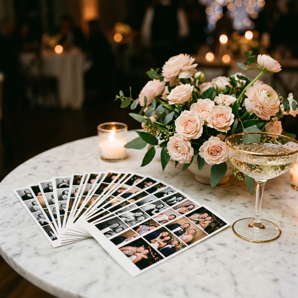 Printed photo strips fanned beside blush roses
