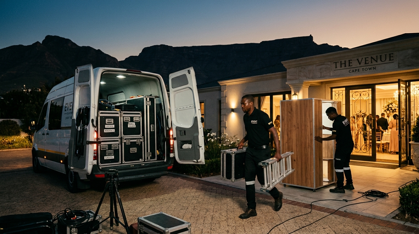 An events crew assembling photo booth equipment outside a Cape Town venue at dusk