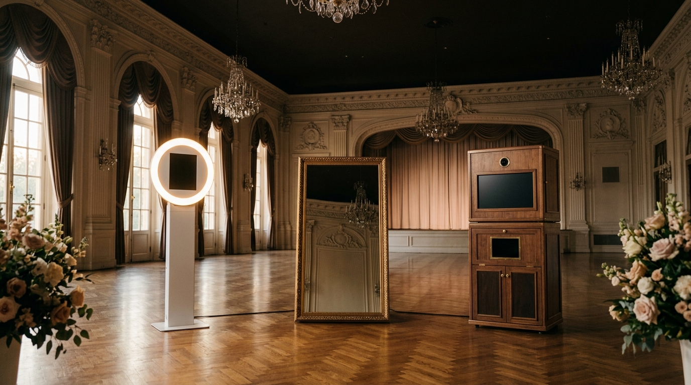 Three photo booths lined up in a luxury venue before an event