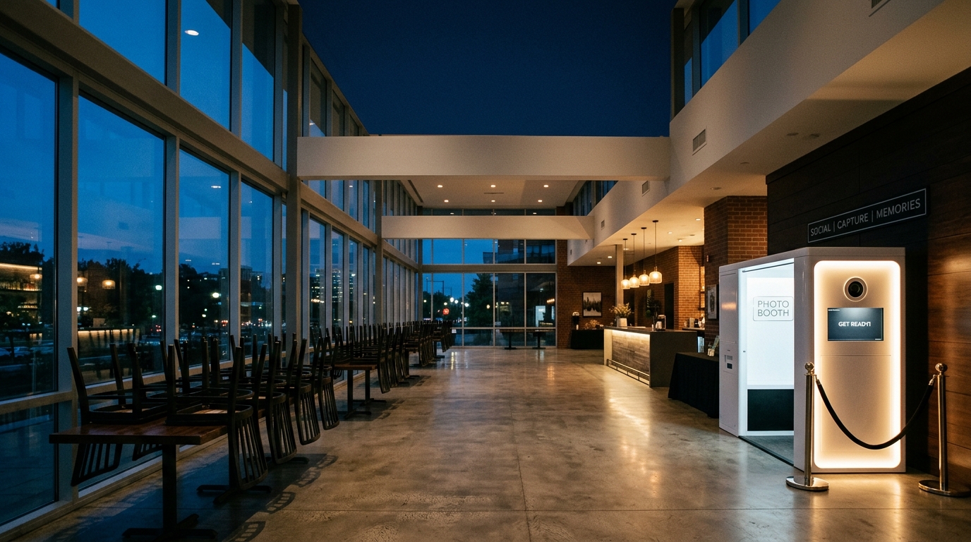An elegant empty venue at blue hour with a photo booth standing ready