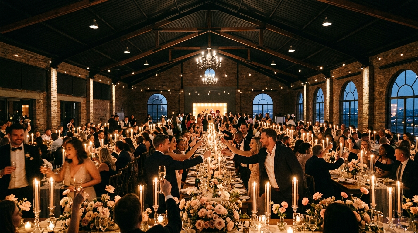 A candlelit reception hall at the peak of an evening celebration
