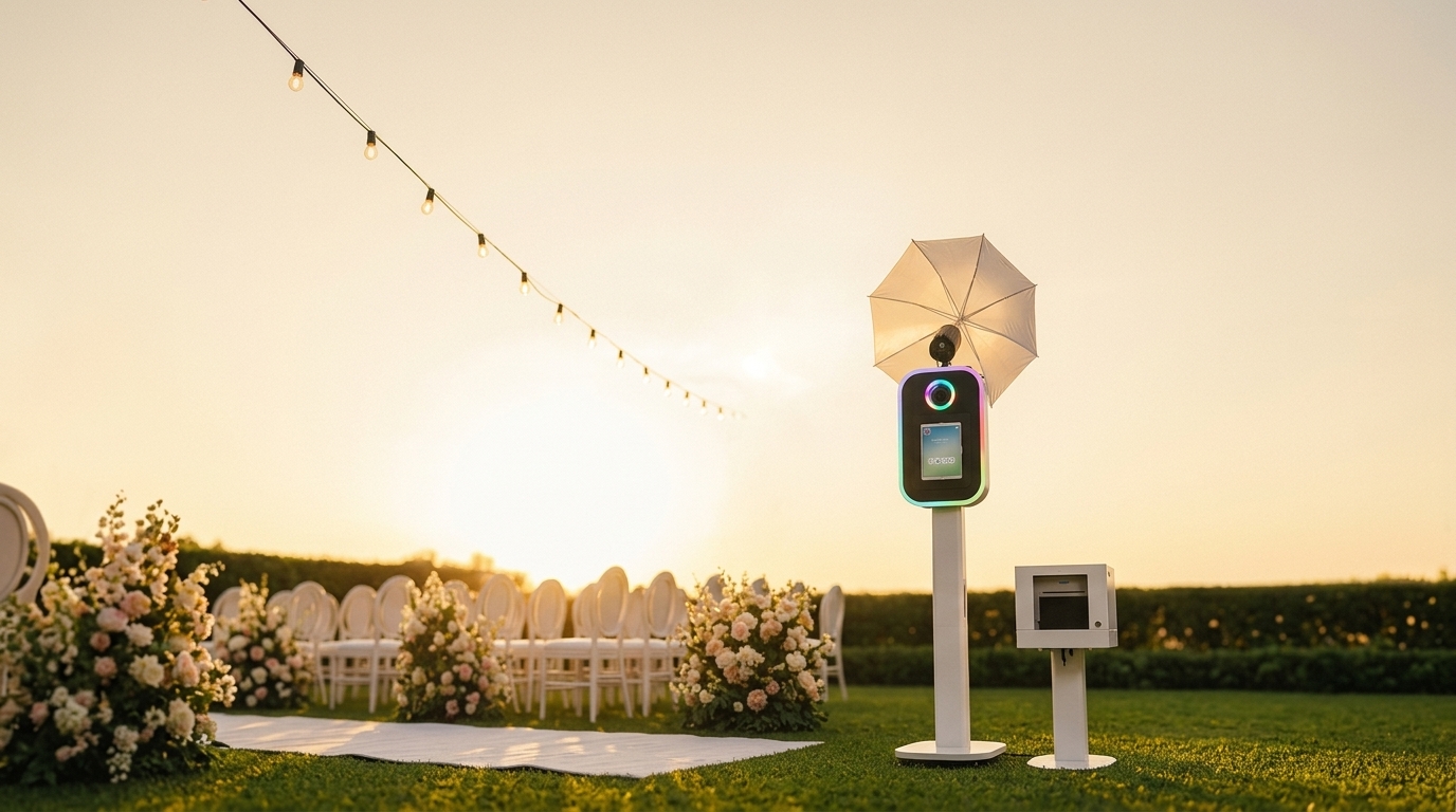 An open-air photo booth with a white umbrella light and glowing ring flash on the lawn at a South African garden wedding at golden hour