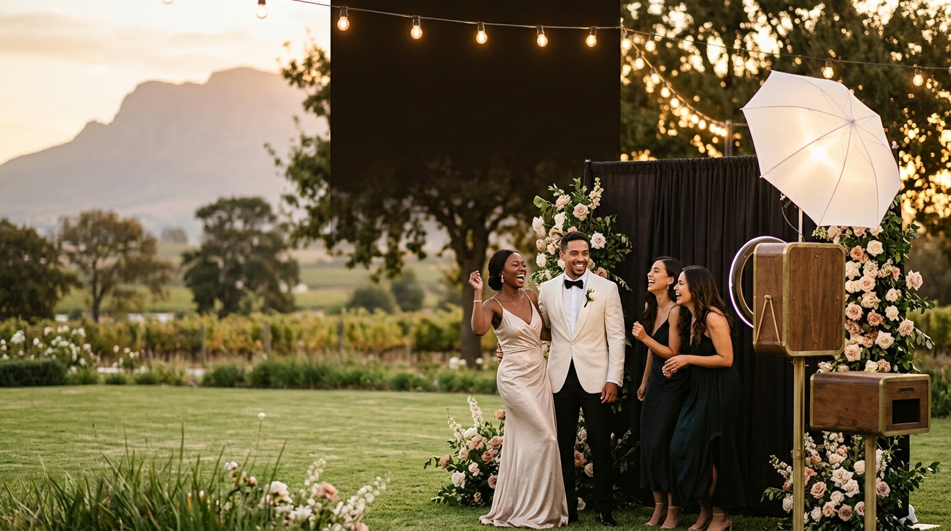 Wedding guests laughing in front of an open-air photo booth at golden hour