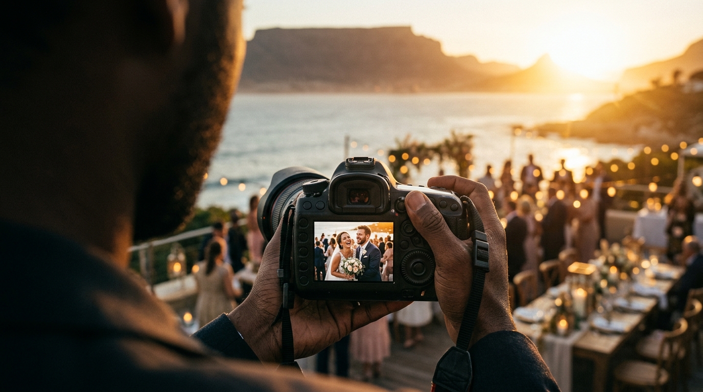 A photographer's camera framing a golden-hour coastal wedding reception
