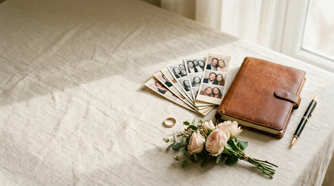 An event planner, fountain pen and printed photo strips on cream linen