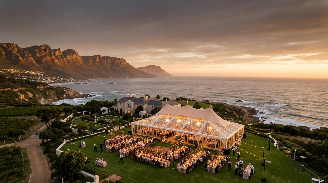 Aerial drone view of a coastal wedding reception at golden hour