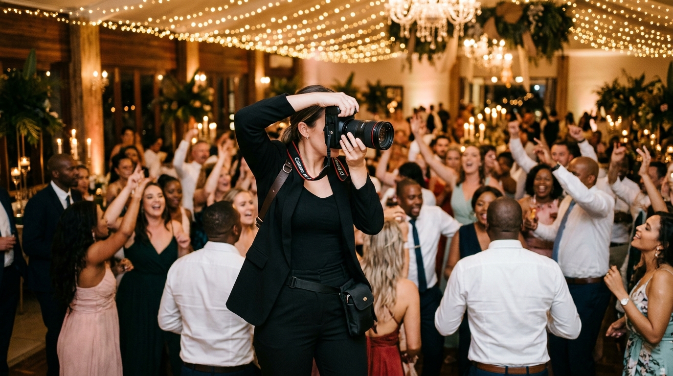 An event photographer capturing a crowd at an evening reception